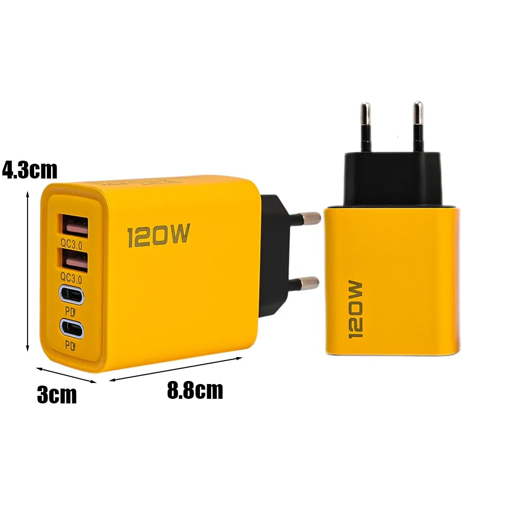 120W Fast Charging 4 Ports Mobile Phone Charger QC3.0 USB Type C