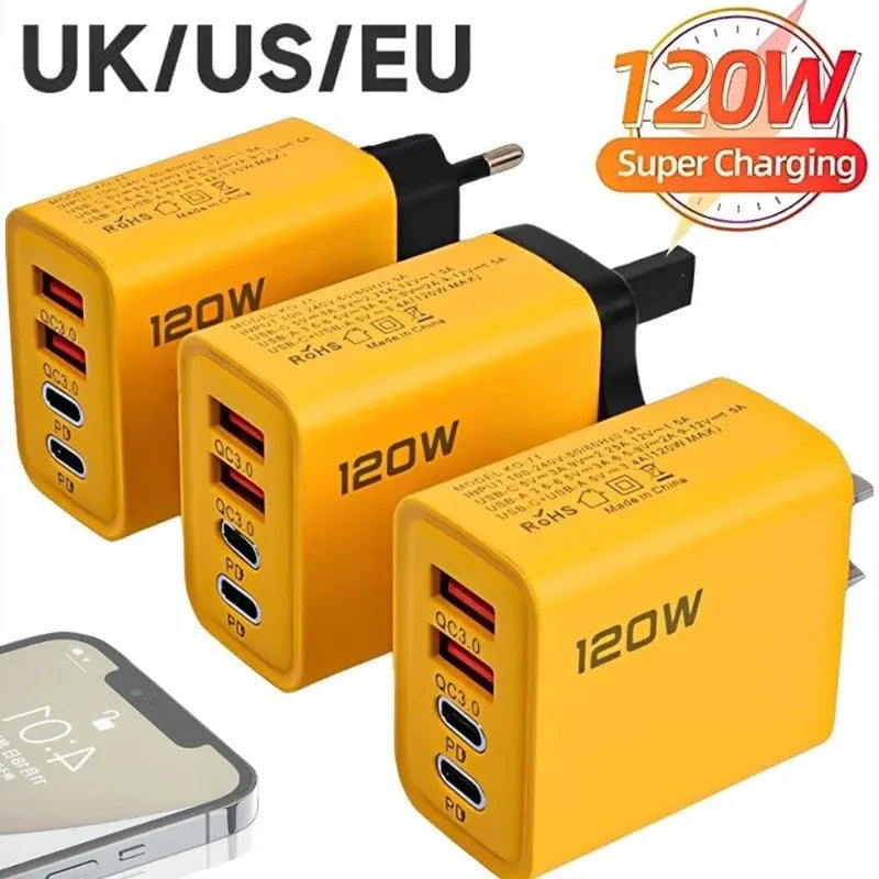 120W Fast Charging 4 Ports Mobile Phone Charger QC3.0 USB Type C