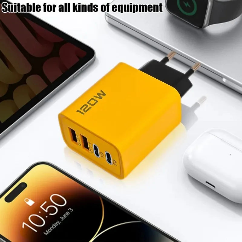 120W Fast Charging 4 Ports Mobile Phone Charger QC3.0 USB Type C